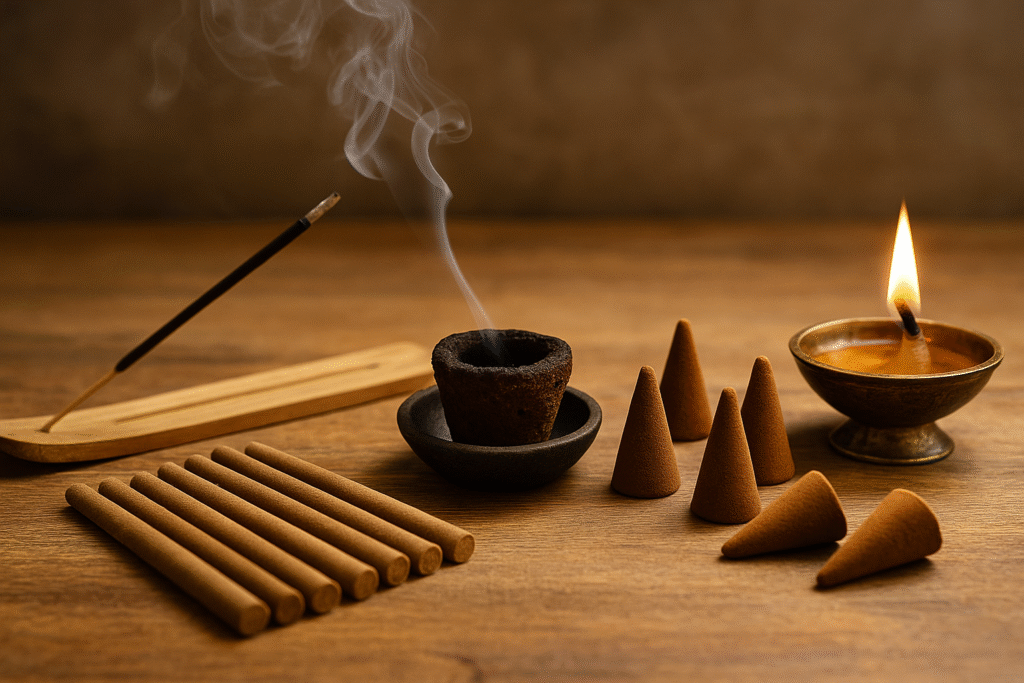 A warm-toned arrangement of natural incense products including dhoop sticks, dhoop cones, a smoking sambrani cup, and a lit ghee diya placed on a wooden surface with soft rising smoke.