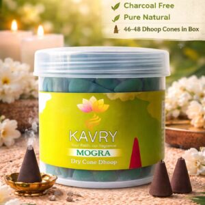 Kavry Mogra Dry Cone Dhoop 100gm jar with burning cone, charcoal free natural incense, long-lasting fragrance for pooja and meditation.
