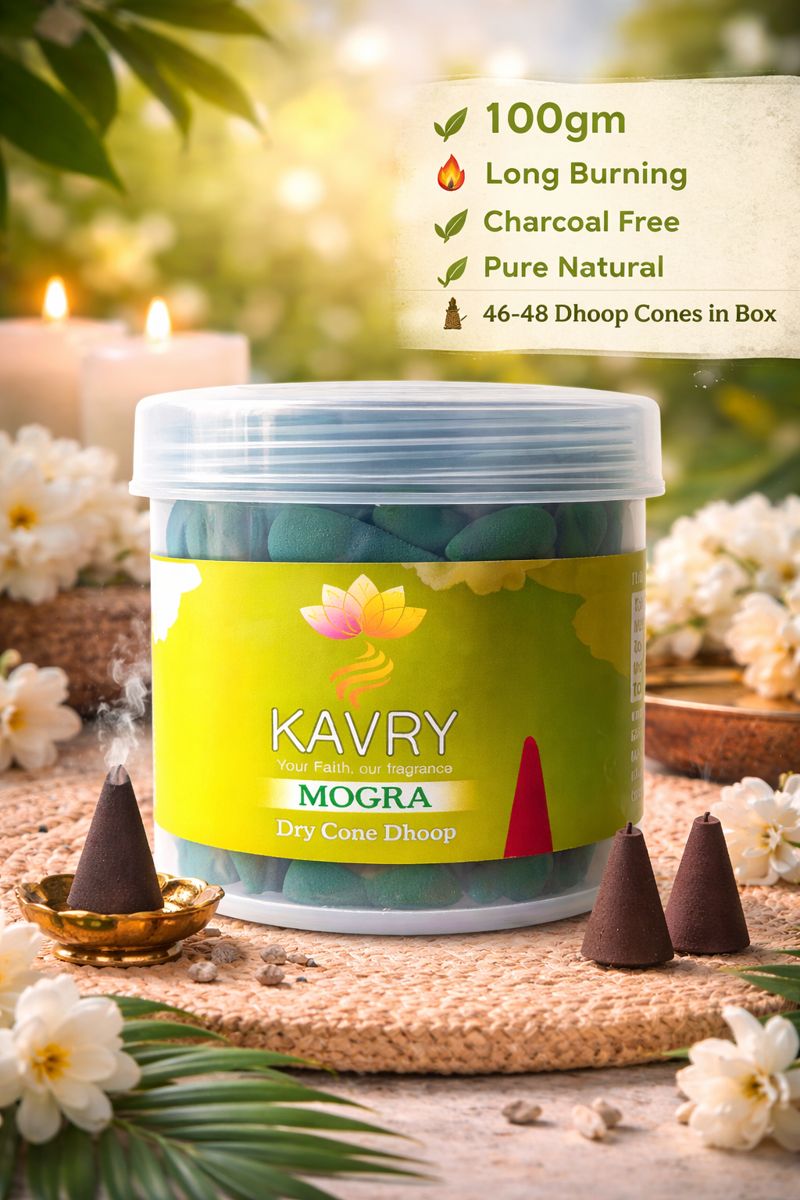 Kavry Mogra Dry Cone Dhoop 100gm jar with burning cone, charcoal free natural incense, long-lasting fragrance for pooja and meditation.