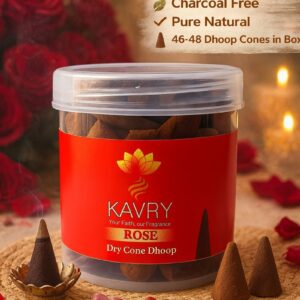 Kavry Rose Dry Cone Dhoop 100gm jar with burning cone, charcoal free natural incense, long-lasting fragrance for pooja and meditation