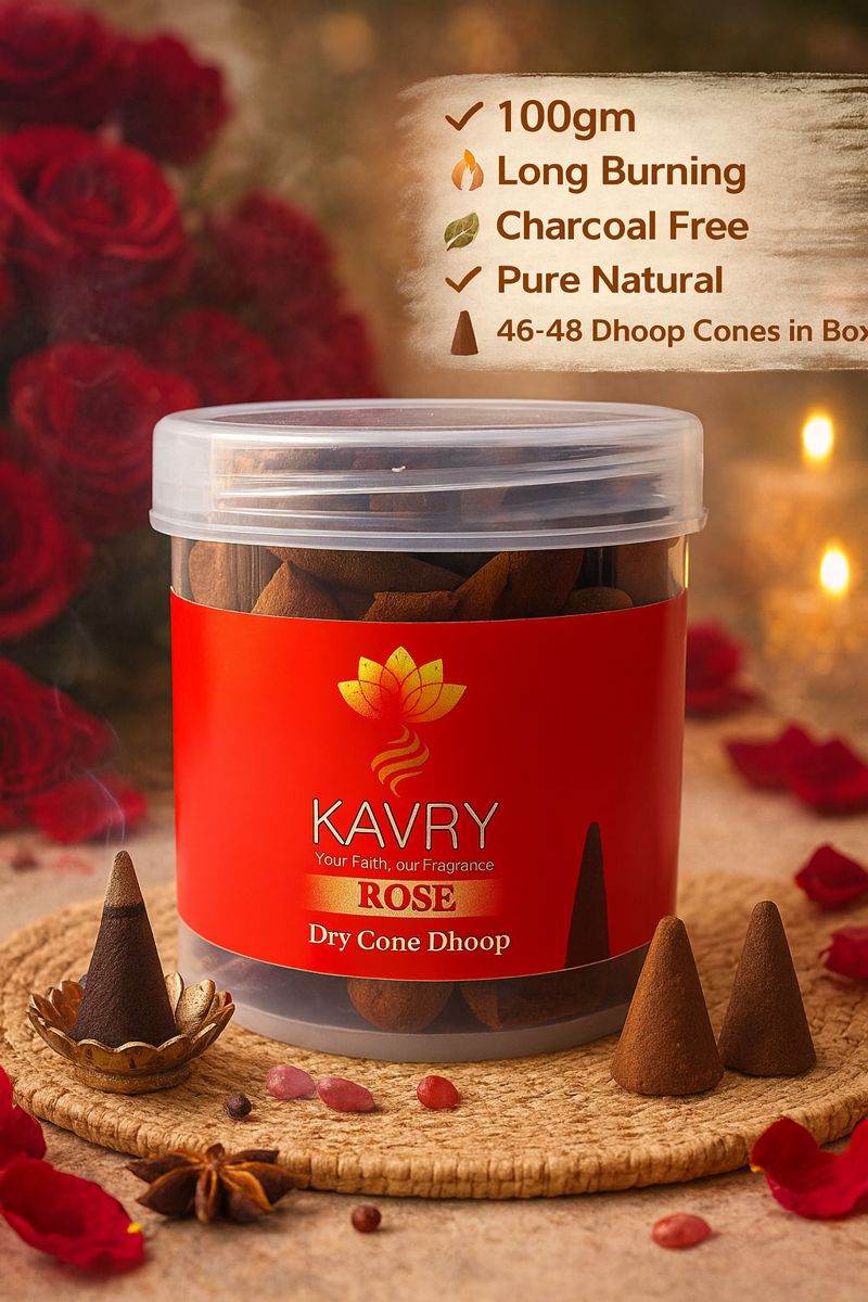 Kavry Rose Dry Cone Dhoop 100gm jar with burning cone, charcoal free natural incense, long-lasting fragrance for pooja and meditation