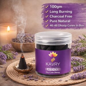Kavry Lavender Dry Cone Dhoop 100gm jar with burning cone, charcoal free natural incense, long-lasting fragrance for pooja and meditation.