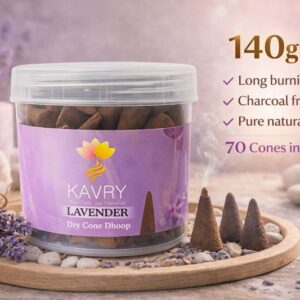 Kavry Lavender Dry Cone Dhoop 140gm jar with burning cone, charcoal free natural incense, long-lasting fragrance for pooja and meditation.