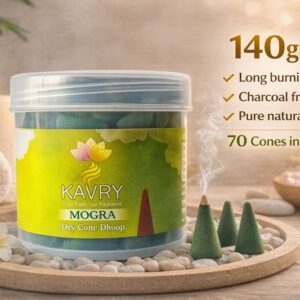 Kavry Mogra Dry Cone Dhoop 140gm jar with burning cone, charcoal free natural incense, long-lasting fragrance for pooja and meditation