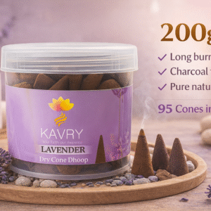 Kavry Lavender Dry Cone Dhoop 200gm jar with burning cone, charcoal free natural incense, long-lasting fragrance for pooja and meditation.