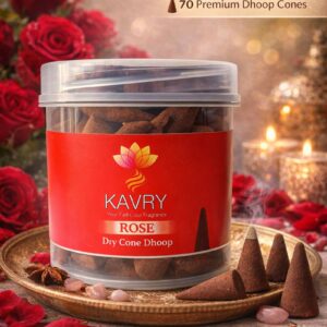 Kavry Rose Dry Cone Dhoop 100gm jar with burning cone, charcoal free natural incense, long-lasting fragrance for pooja and meditation