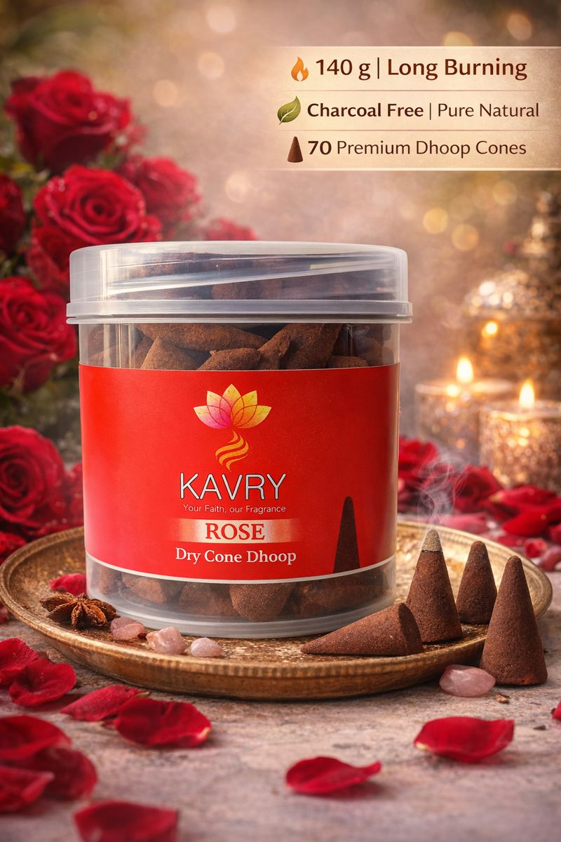 Kavry Rose Dry Cone Dhoop 100gm jar with burning cone, charcoal free natural incense, long-lasting fragrance for pooja and meditation