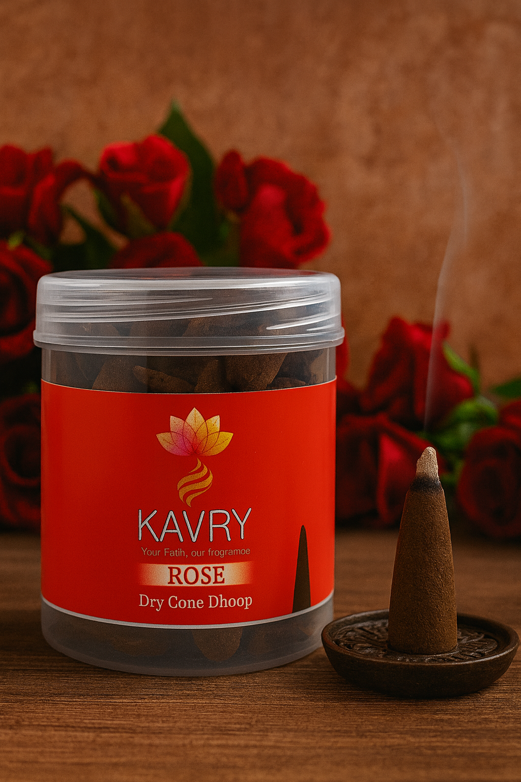 Kavry Rose Dry Cone Dhoop 100gm jar with burning cone, charcoal free natural incense, long-lasting fragrance for pooja and meditation