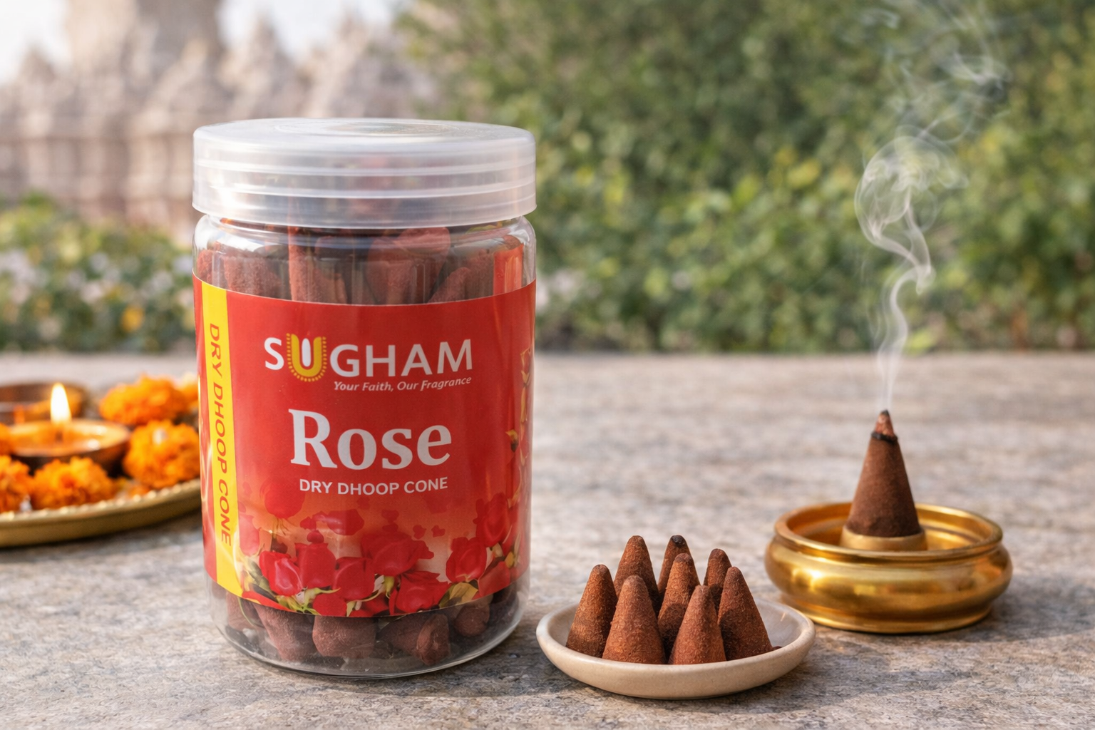 Sugham Rose/ Gulab Dry Dhoop Cone 400gm Jar | Pure & Premium Quality - Image 5