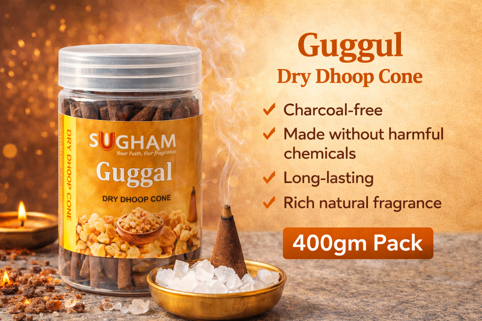 Premium dry dhoop cone 400gm jar for pooja and home fragrance