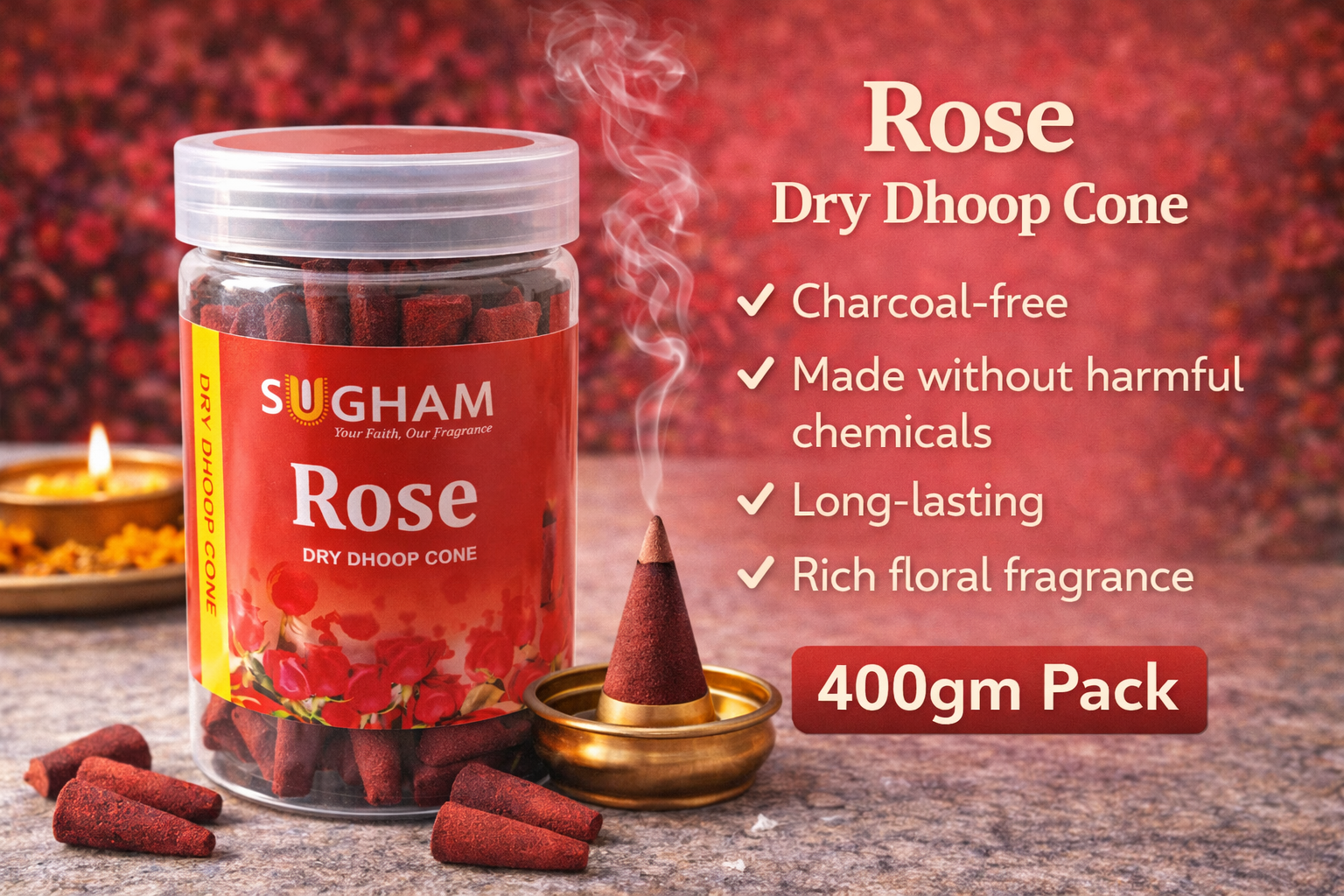 Premium dry dhoop cone 400gm jar for pooja and home fragrance